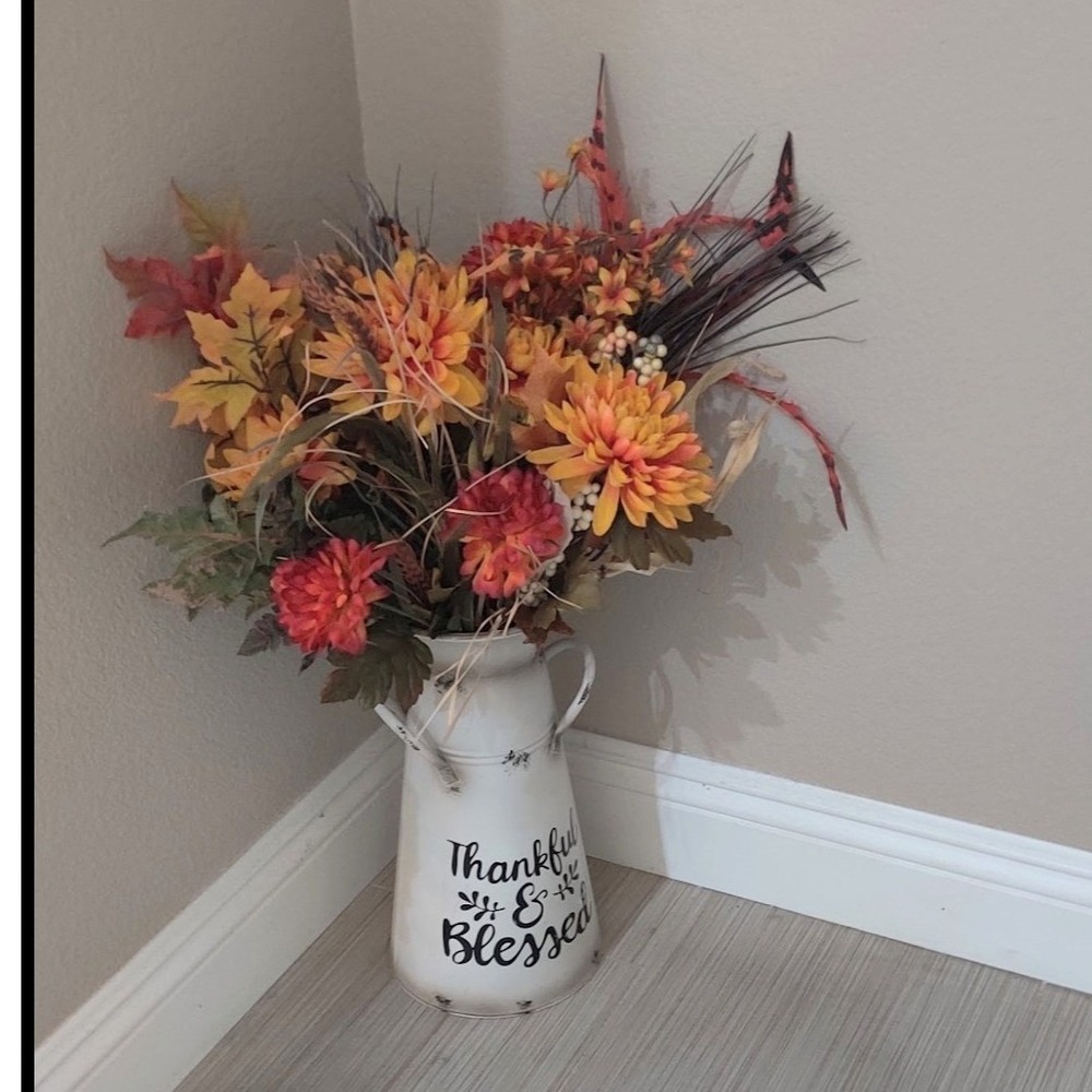 Rustic White Metal Milk Can Jug Thankful Blessed Vase Fall Floral Arrangement